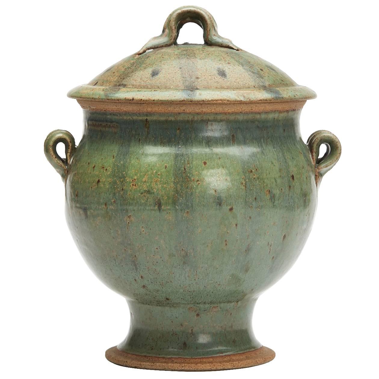 Vintage Studio Pottery Twin Handled Green Lidded Urn, 20th Century