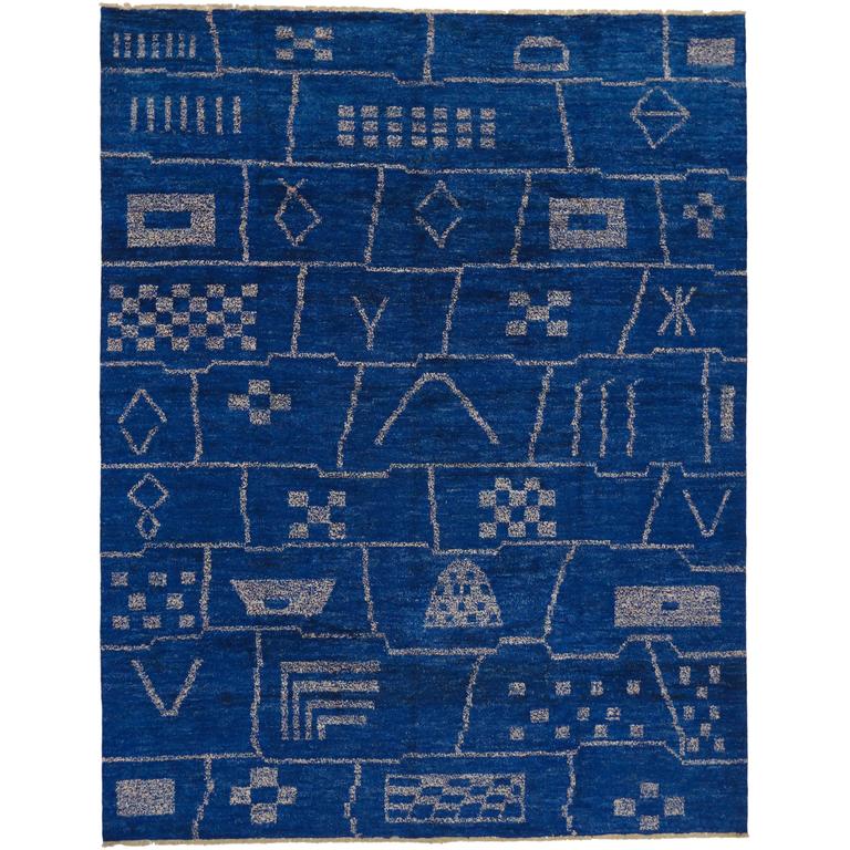 Contemporary Moroccan Style Area Rug In Cobalt Blue With Tribal