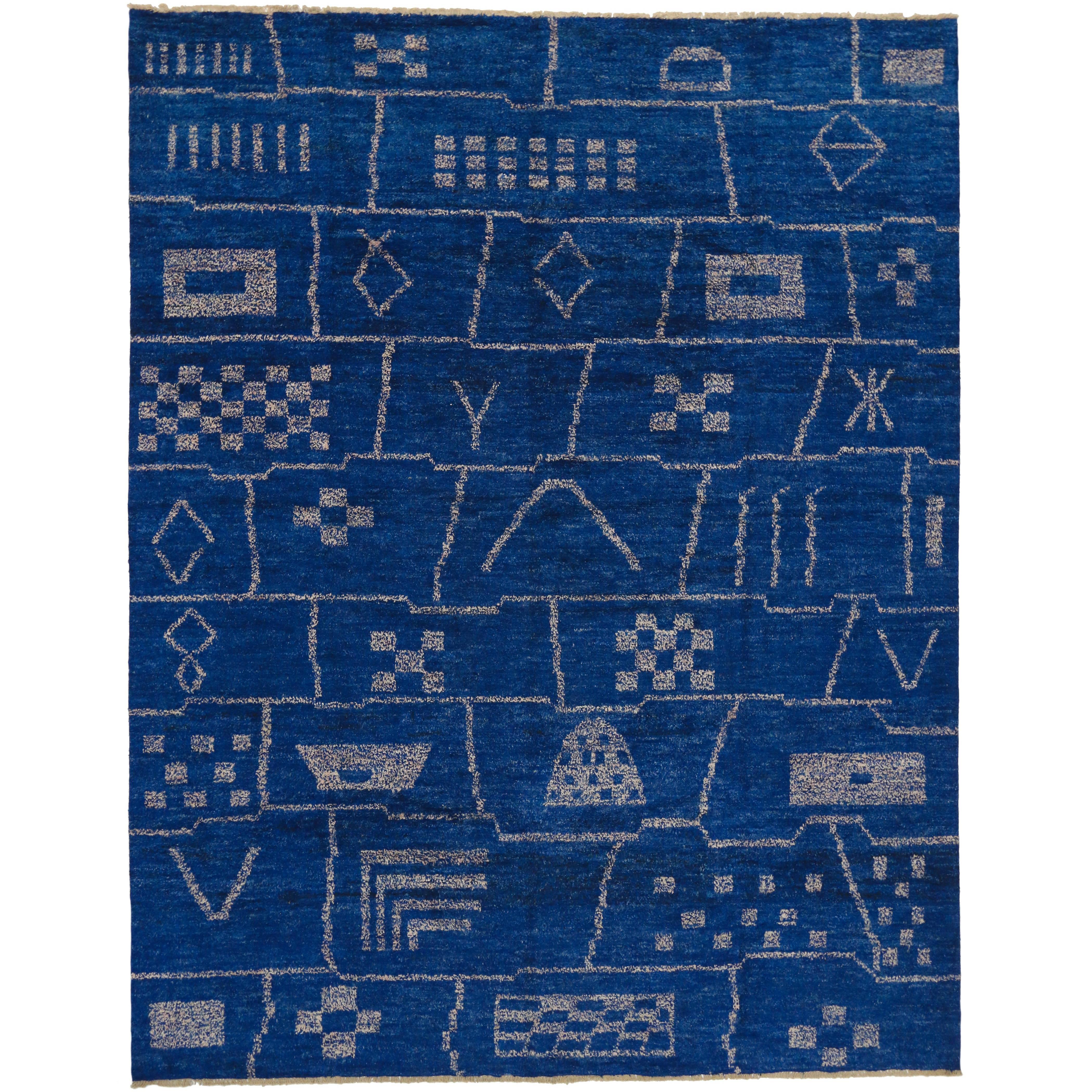 Contemporary Moroccan Style Area Rug in Cobalt Blue with Tribal Style