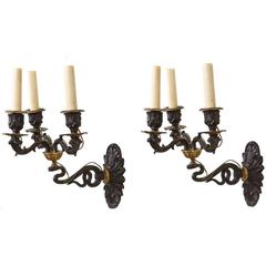 A Pair of Restoration Style Patinated Bronze Three-Light Sconces 9