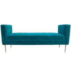 Modern Tufted Armed Bench in Teal Turquoise Velvet with Brass Legs