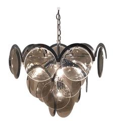 Vistosi Four-tier Chrome and Smoke Glass Disc Chandelier Italy 1970s