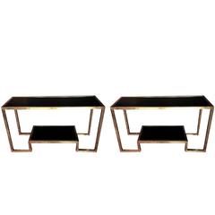 Pair of Brass and Glass Consoles