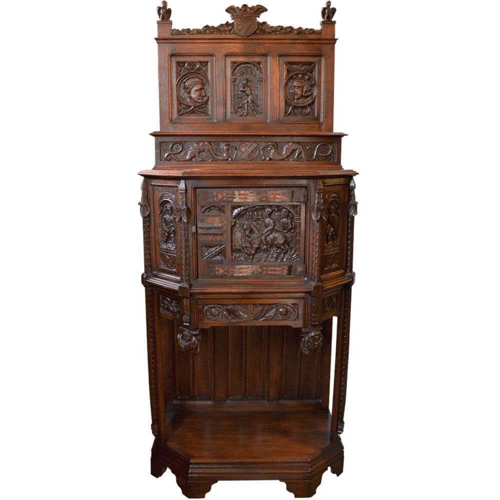 Antique Gothic Revival Hand-Carved Cabinet on Stand