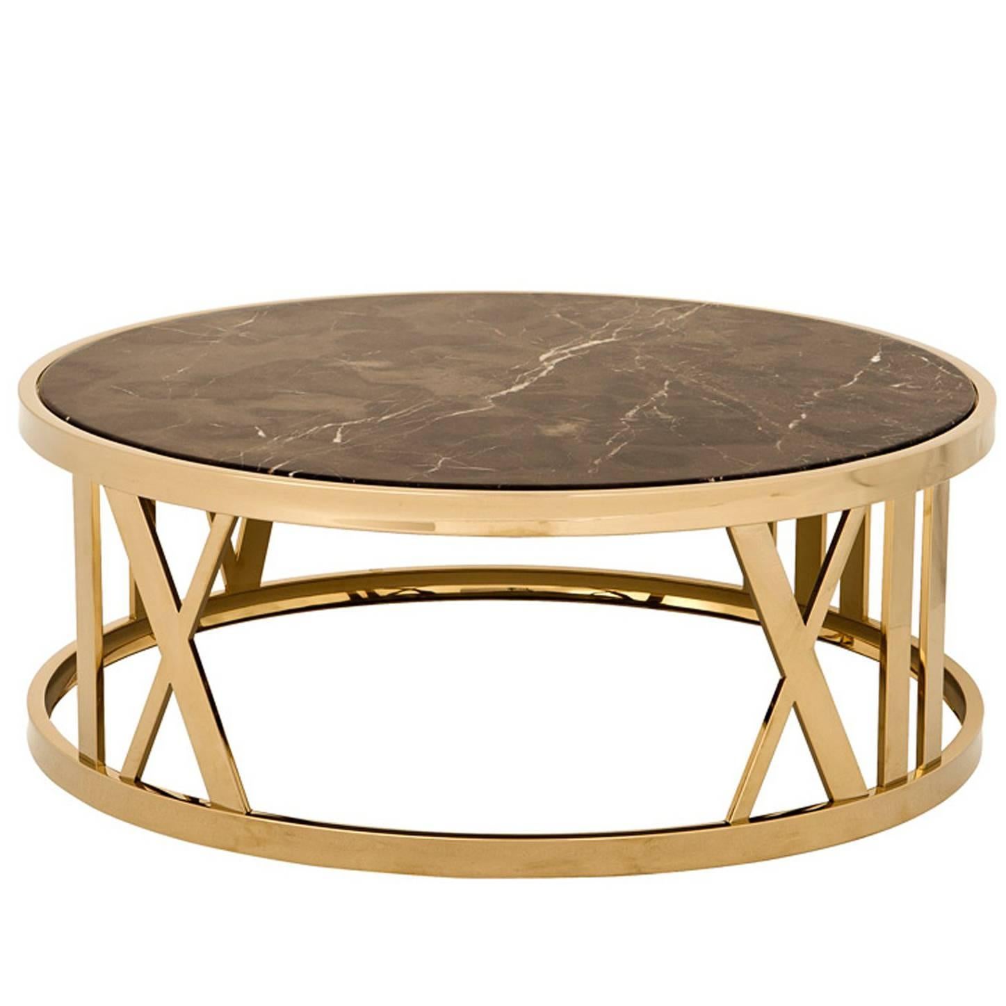 Romain Coffee Table in Gold Finish and Brown Marble
