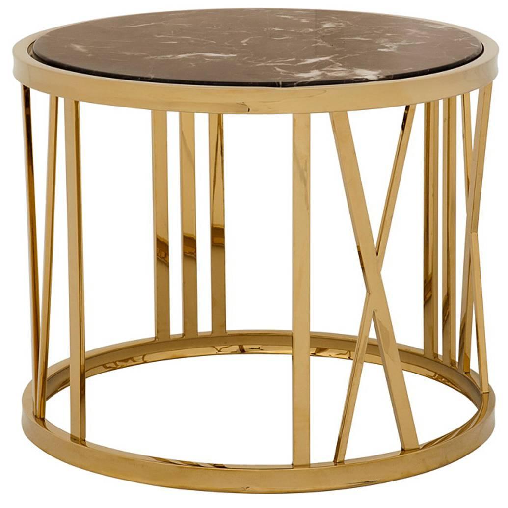 Romain Side Table in Gold Finish and Brown Marble