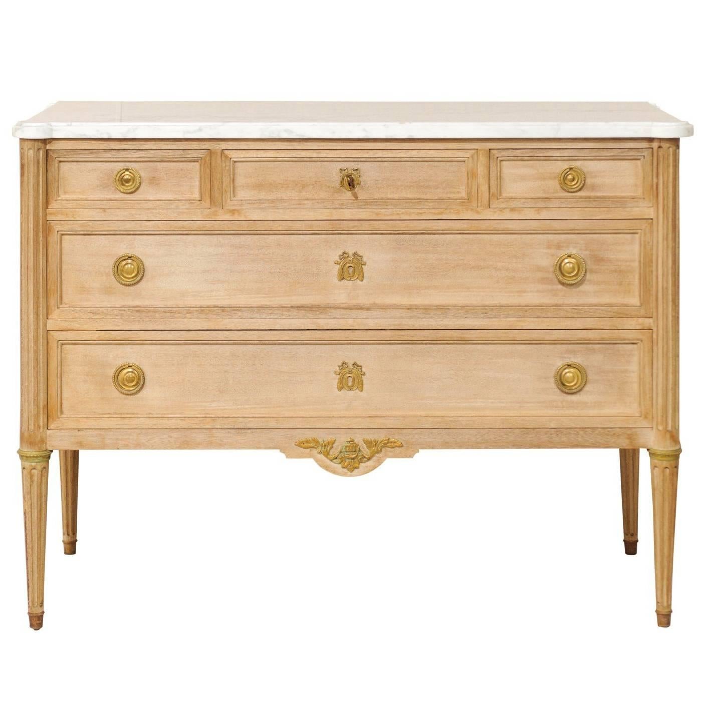 French Marble-Top Chest of Bleached Mahogany Wood with Gold Colored Accents