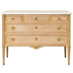 French Marble-Top Chest of Bleached Mahogany Wood with Gold Colored Accents