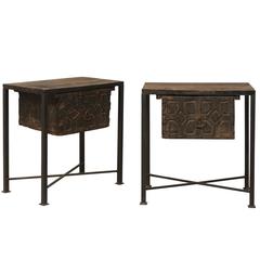 Pair of 18th Century Spanish Wood Chests on Iron Bases with Geometric Carvings