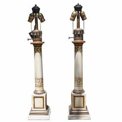 Pair of French Tole Painted Column Form Lamps, 19th Century