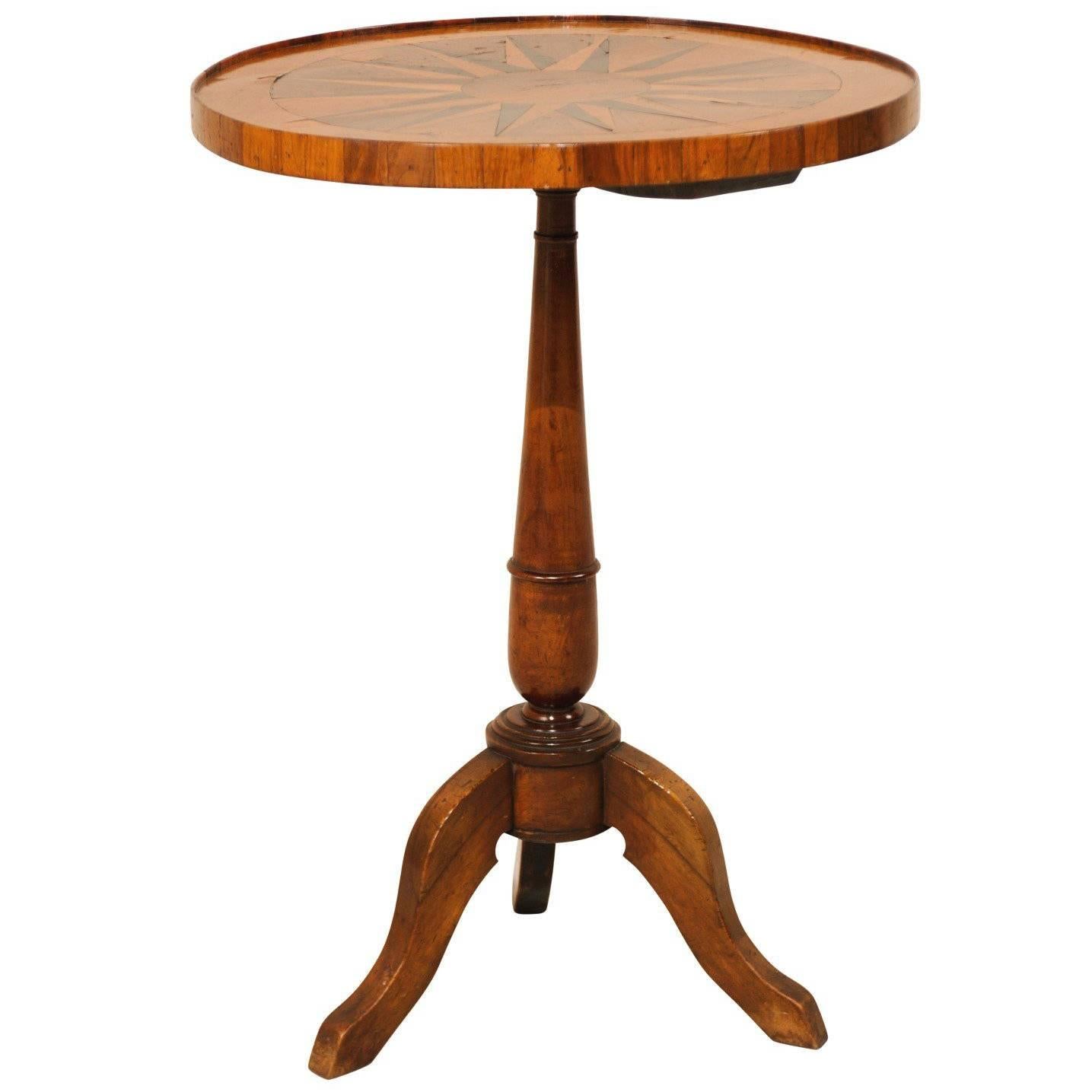 Italian 19th Century Round Fruitwood Pedestal Table with Compass Star Inlay