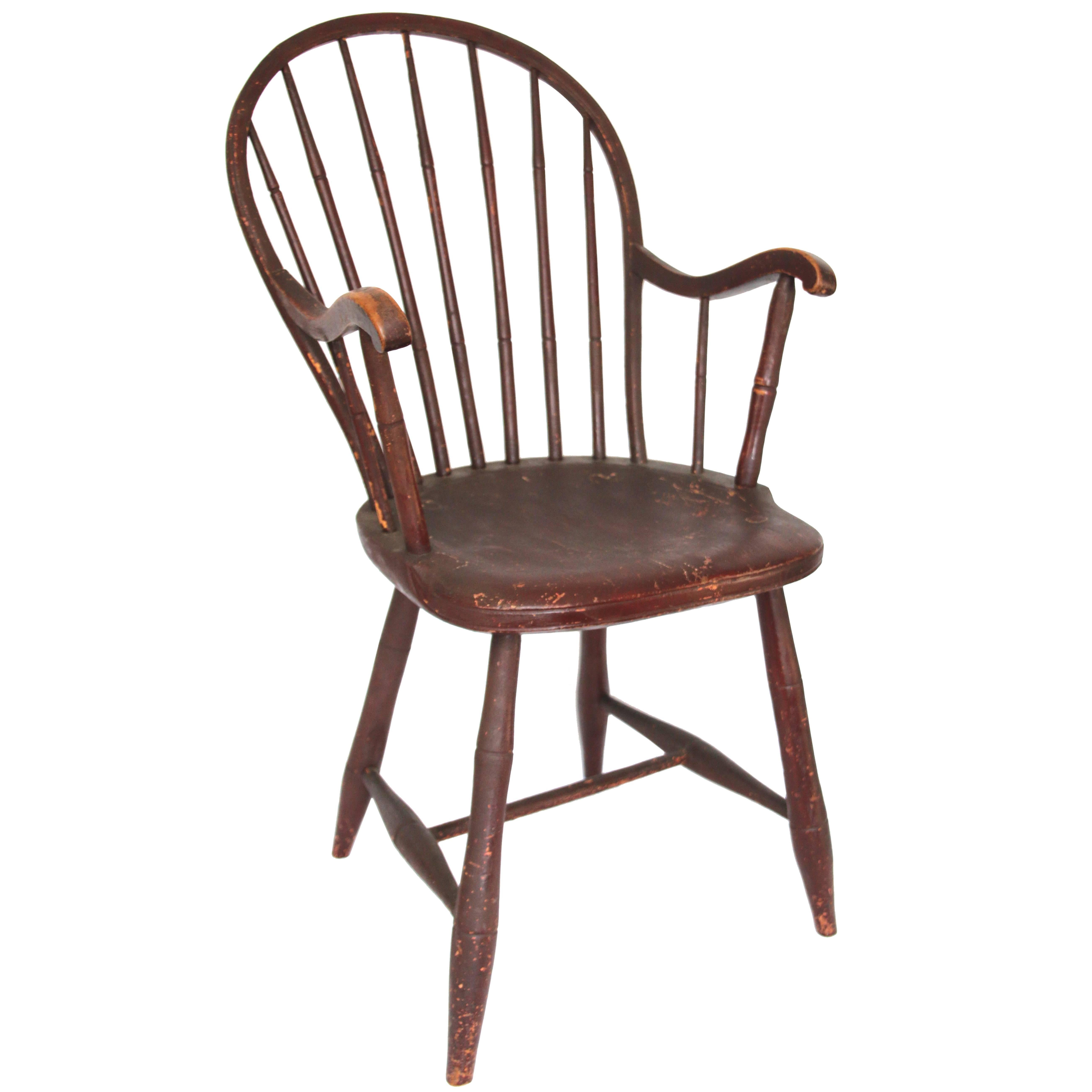 Early 19th Century Pennsylvania Oxblood Red Bowback Windsor Armchair For Sale