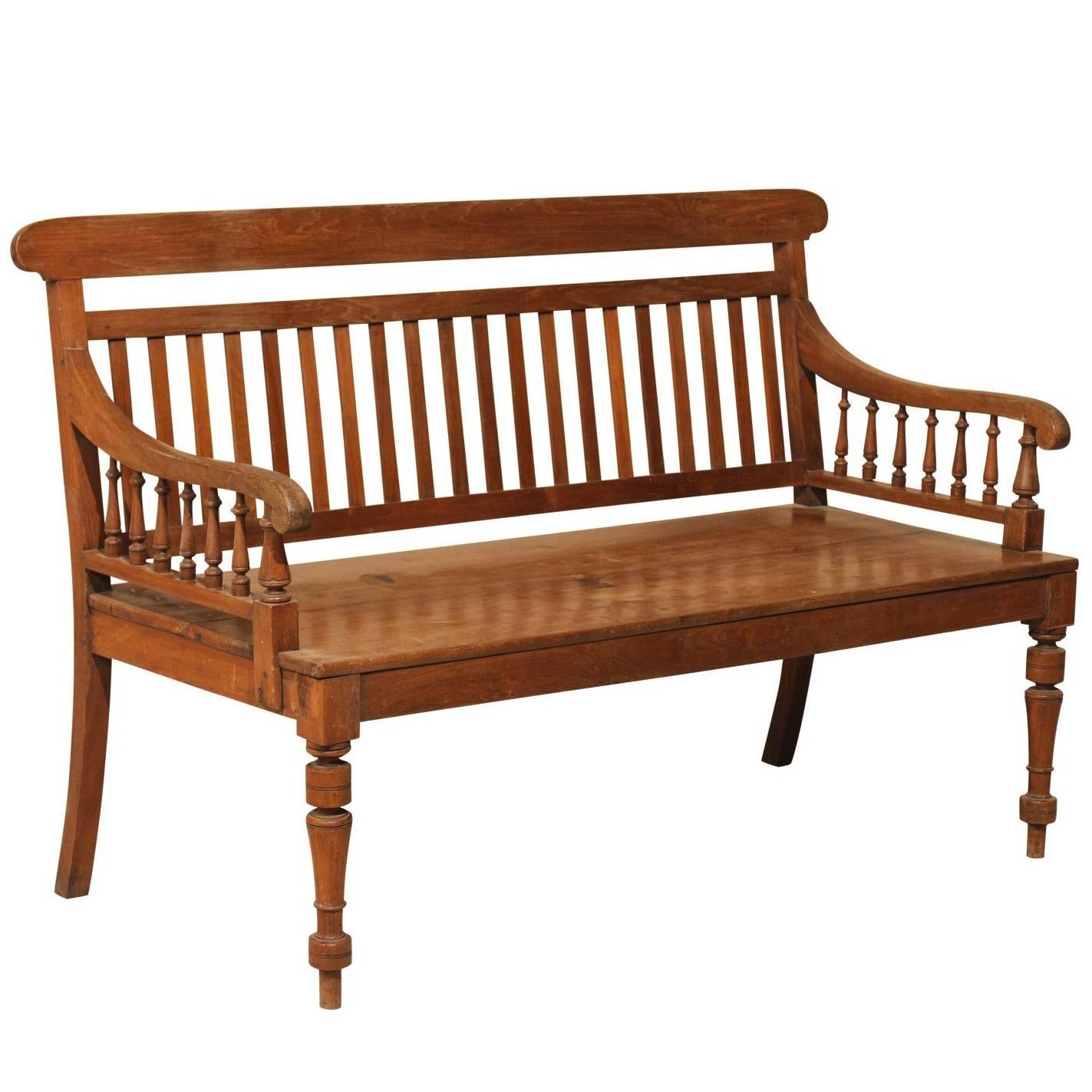 British Colonial Style Teak Wood Bench with Slats on the Backrest & Turned Legs