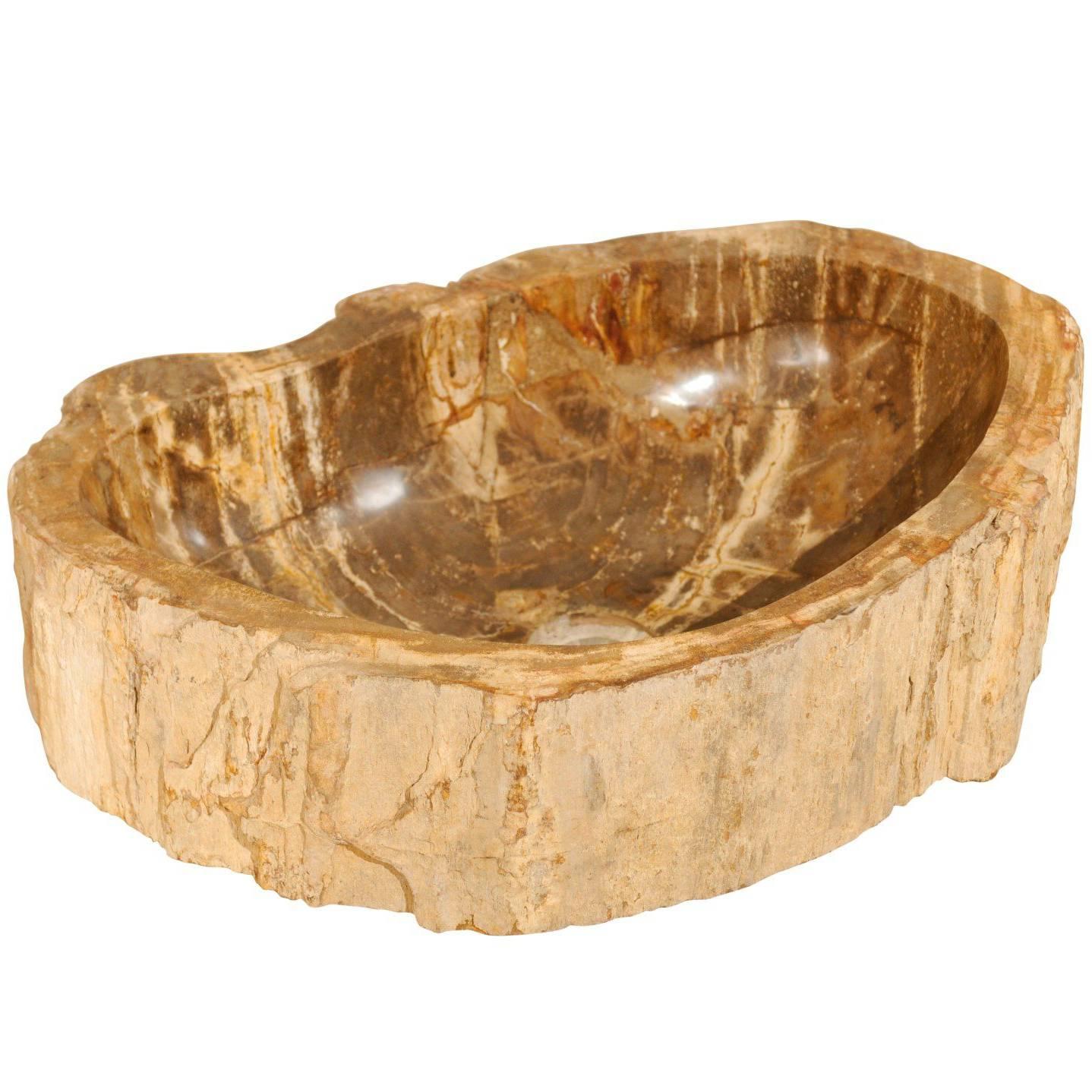 Polished Petrified Wood Sink of Neutral Cream, Tan, Light Brown and Beige Hues