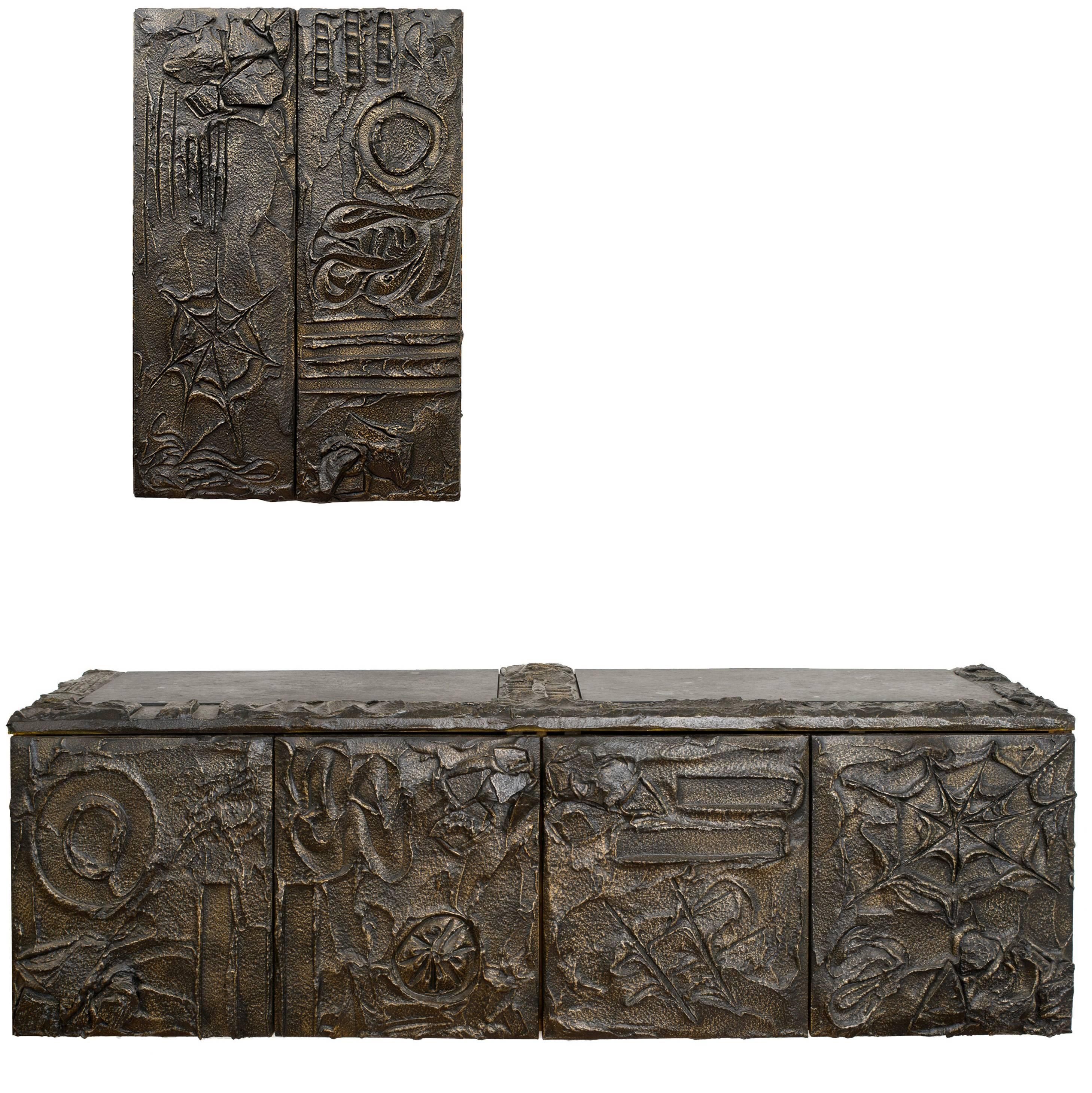 Paul Evans Matched Pair Of Sculpted Bronze Floating Cabinets w/ Pull-Out Drawers