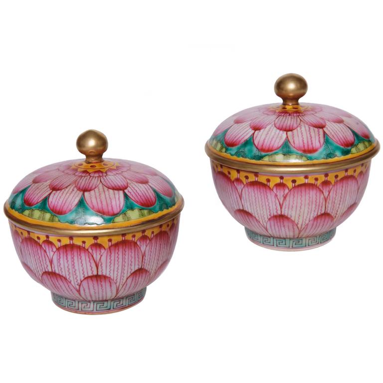 Pair of Chinese Porcelain Covered Lotus Bowls For Sale at 1stdibs