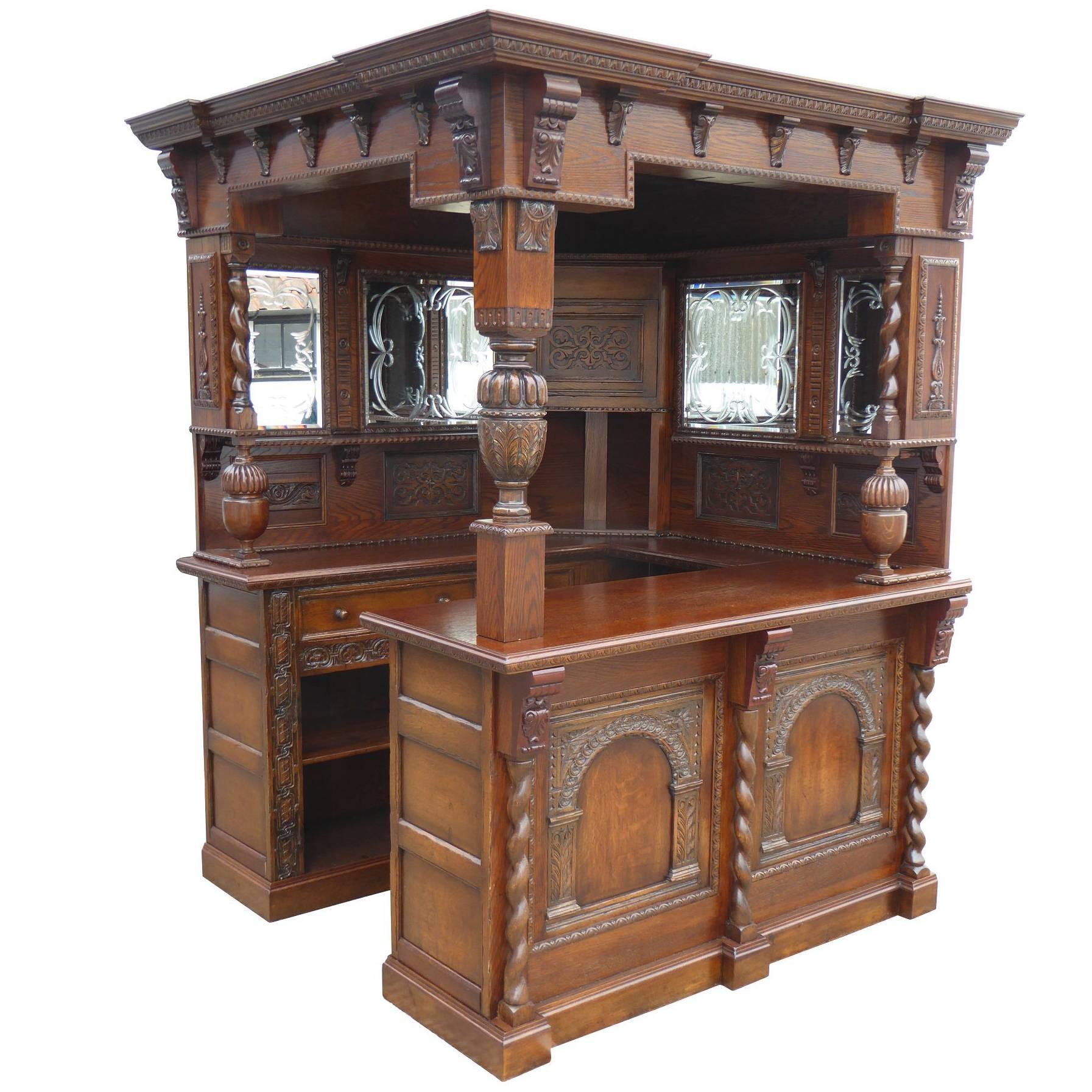 English Carved Oak Corner Bar