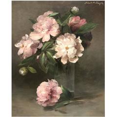 Abbott Handerson Thayer Oil Painting Still Life of Peonies in Glass Vase