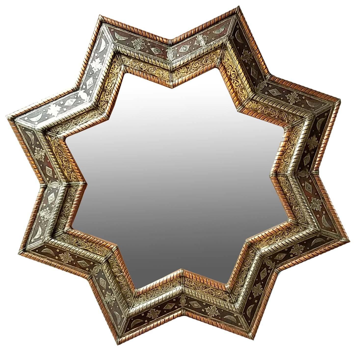 Large Size Moroccan Star Mirror, Metal Inlaid For Sale