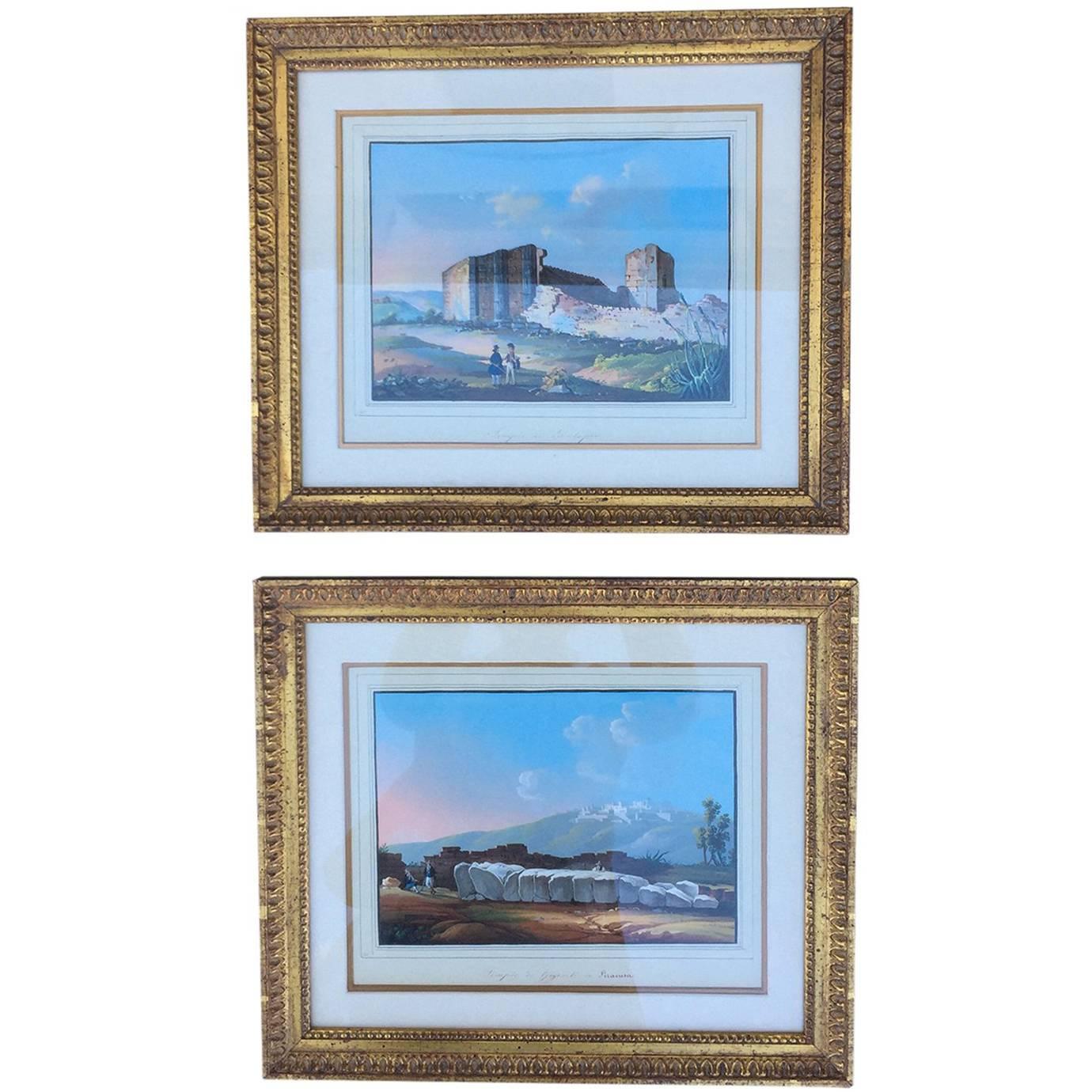 Pair of 19th Century circa 1820-1840s Italian Goache Paintings of Temples For Sale