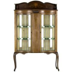 Antique Scottish Art Nouveau Inlaid Display Cabinet, Leaded Stained Glass