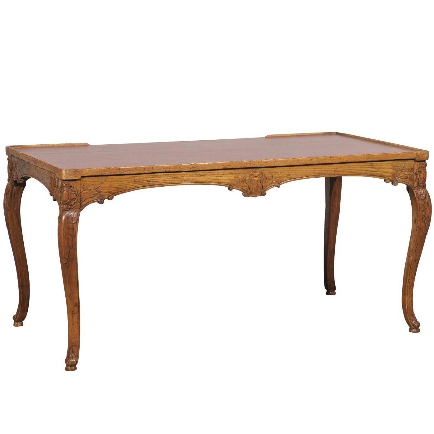 18th-19th Century French Louis XV Style Carved Tric-Trac Table with Leather Top For Sale