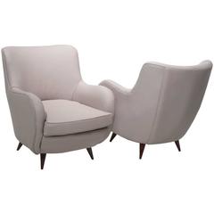 Brazilian Sculptural Gray Leather Armchairs with Caviuna Legs