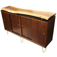 Custom Vintage Mid-Century Modern Live-Edge Walnut Slab Top Credenza TV Stand