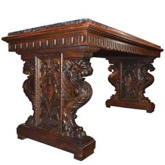 Highly Carved 19th Century Library or Console Table Featuring Lions