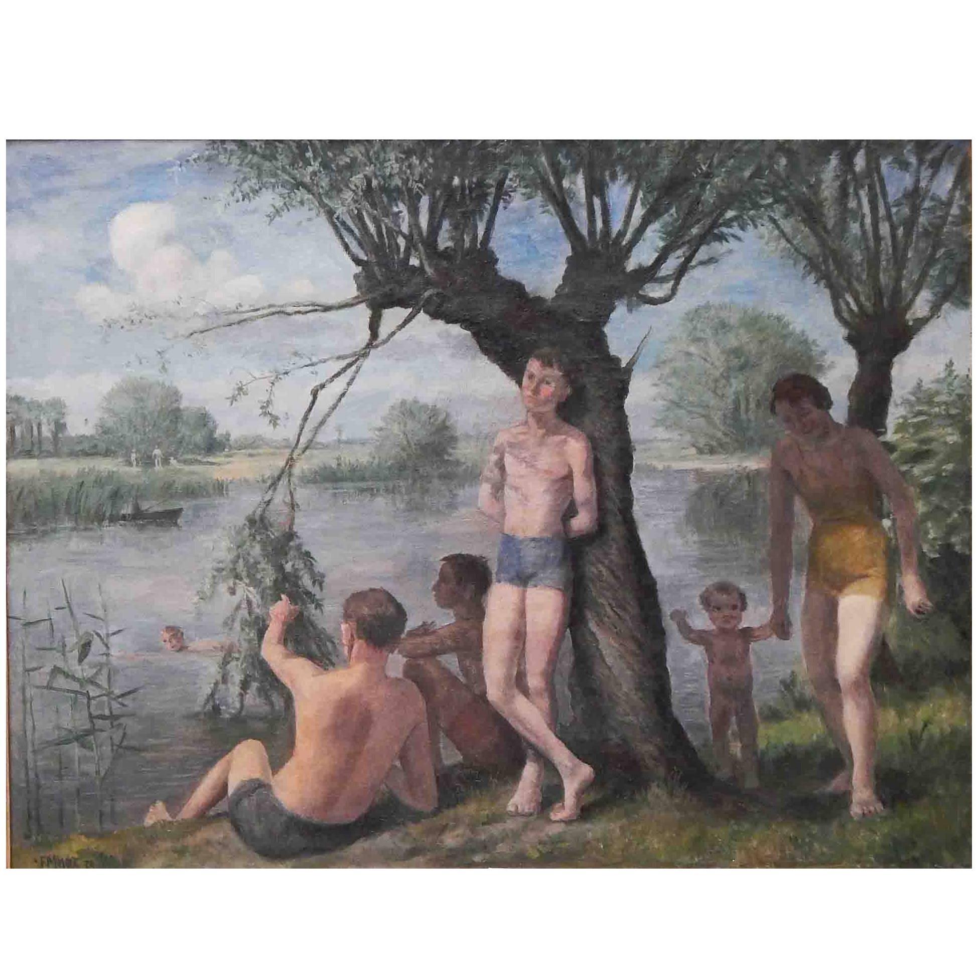 „Baden am Fluss“, großes, atmosphärisches Gemälde von Felix Meseck, 1938 im Angebot