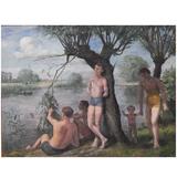"Bathing by the River," Large, Atmospheric Painting by Felix Meseck, 1938