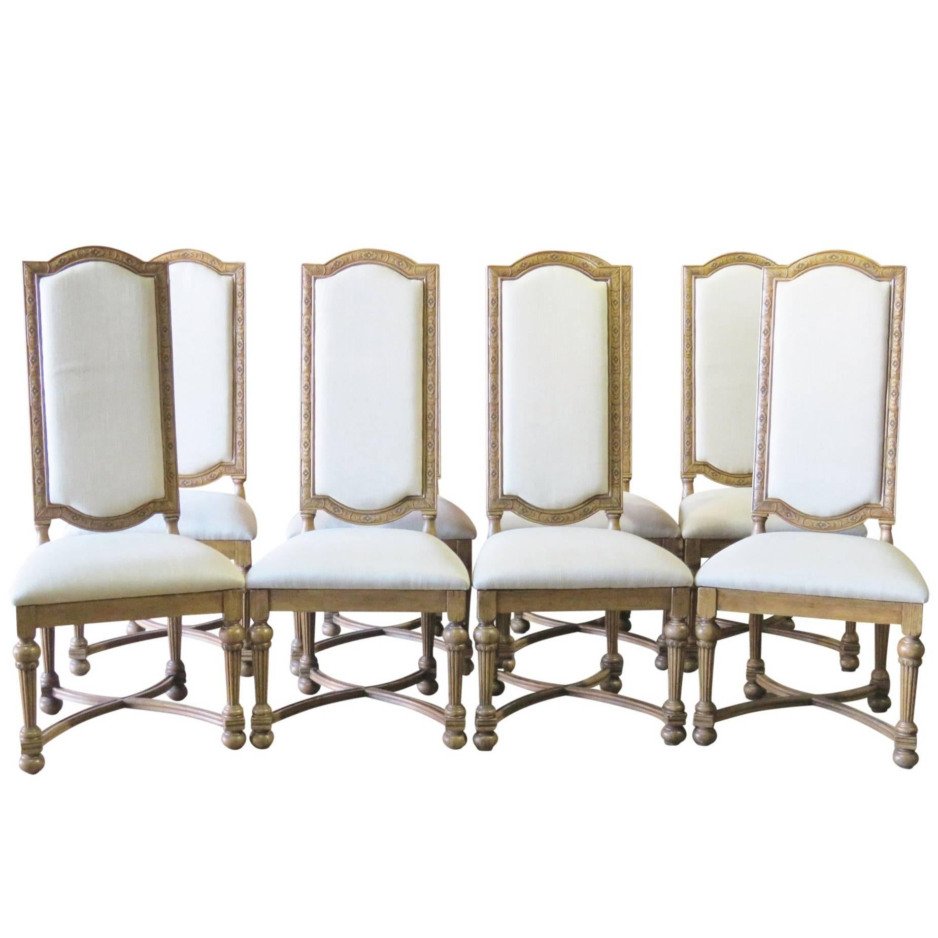 Eight Jonathan Charles High Back Carved Dining Chairs