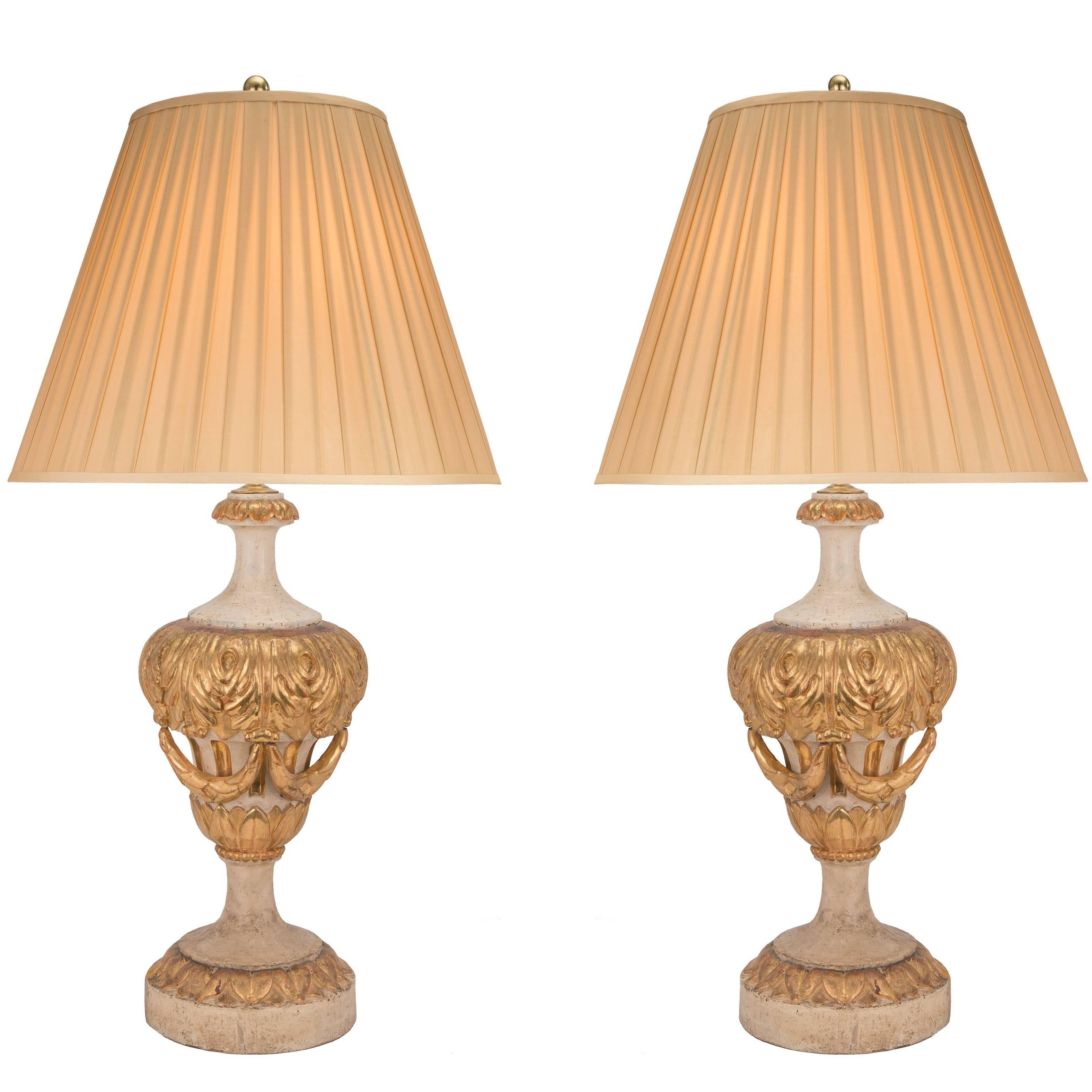 Pair of Italian 18th Century Louis XVI Period Patinated and Giltwood Lamps