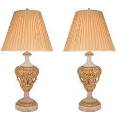 Pair of Italian 18th Century Louis XVI Period Patinated and Giltwood Lamps