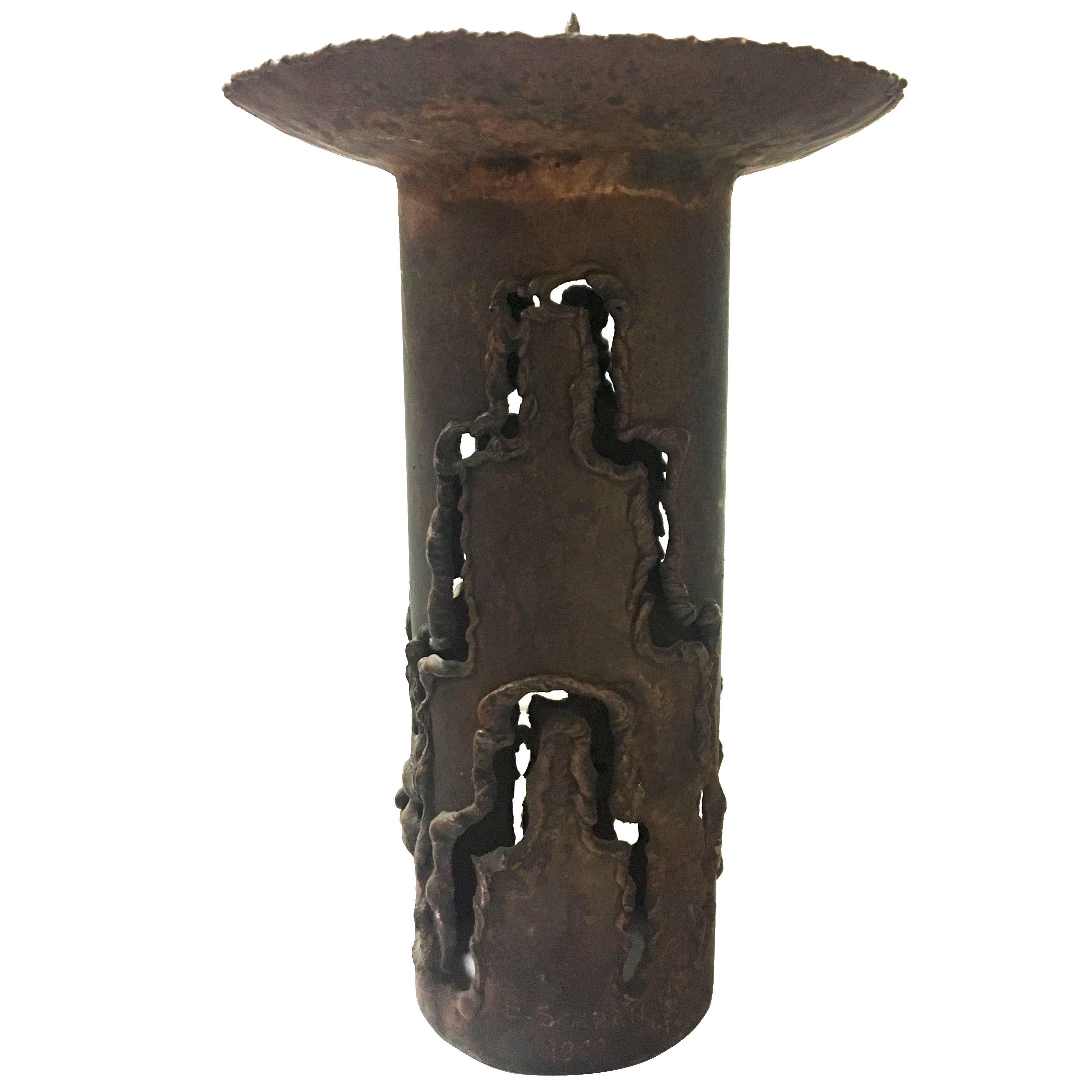 Single Signed Brutalist Copper Tall Candleholder by E.Schran, 1989