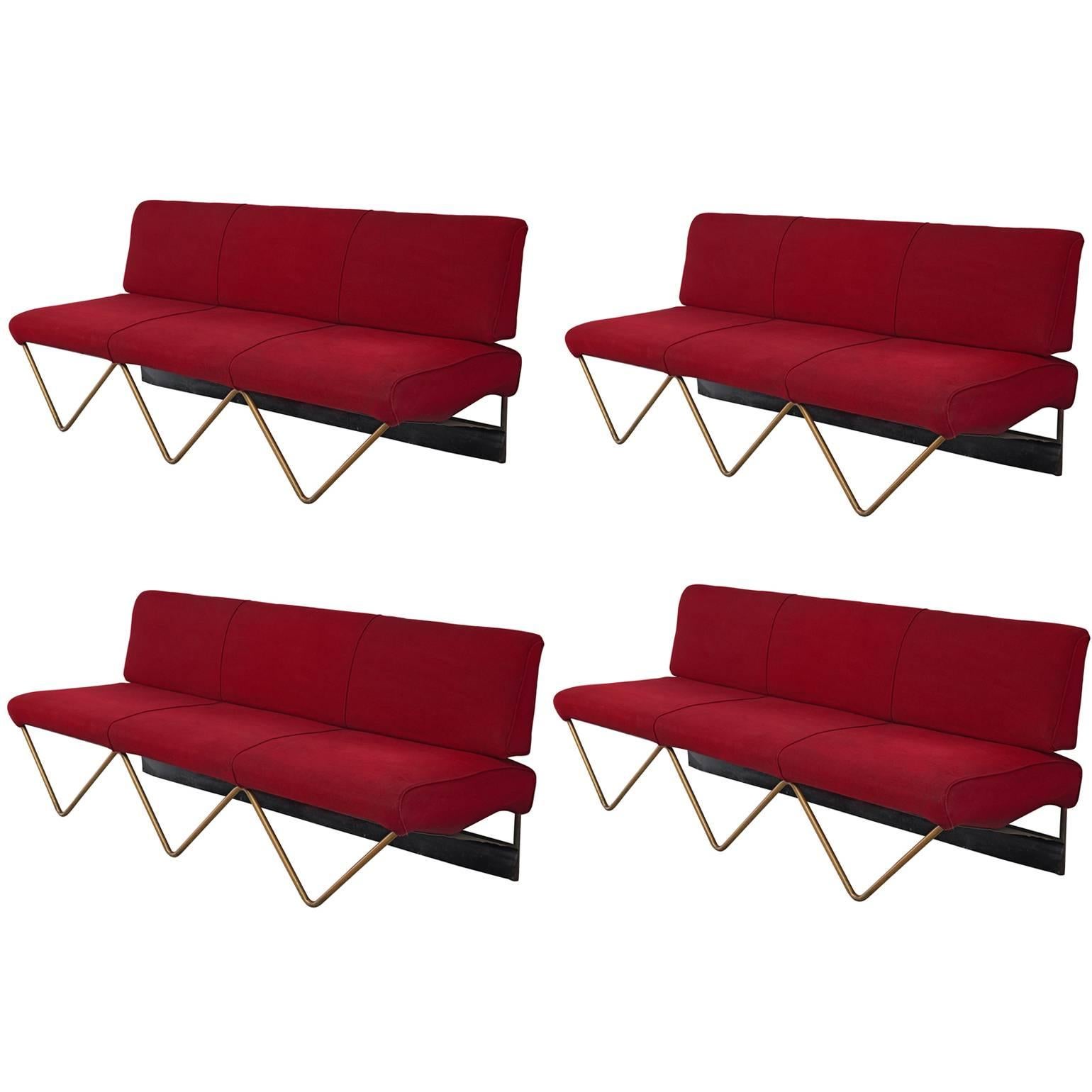 Sofa, fabric and metal, Italy, 1970s.

This playful sofa and daybed has a base formed out of three triangles. Above the triangles are three seating and back sections. Both slender and strong, this sofa is typical for post-war Italian design.

We