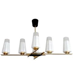 Large Linear French Glass and Brass Chandelier, 1960s Stilnovo Pendant Light 2