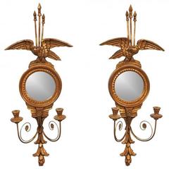 Pair of Italian Giltwood Mirrored Wall Sconces with Eagles