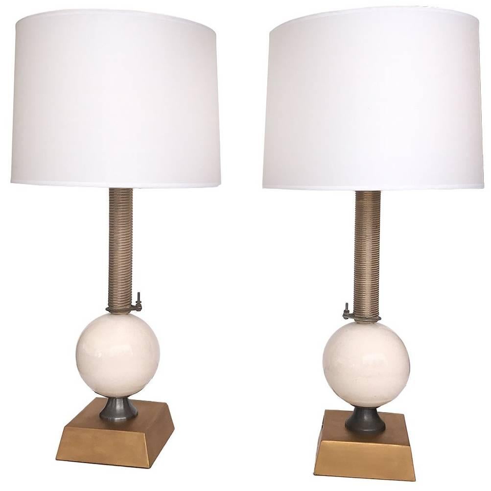 Pair of American Industrial Style Metal and Porcelain Lamps by Jim Misner For Sale