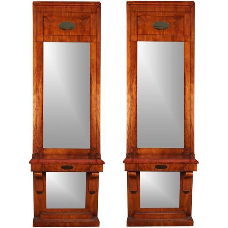Paire de grands miroirs consoles de pilier danois anciens Biedermeier de style Biedermeier en vente
