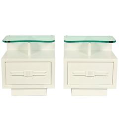 Pair of Glamorous 1930s White Lacquer and Glass Nightstands