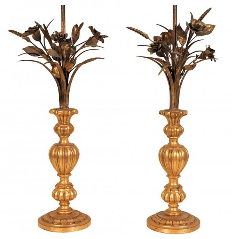 Pair of Italian Tole Wheat Shaft and Carved Wood Lamps