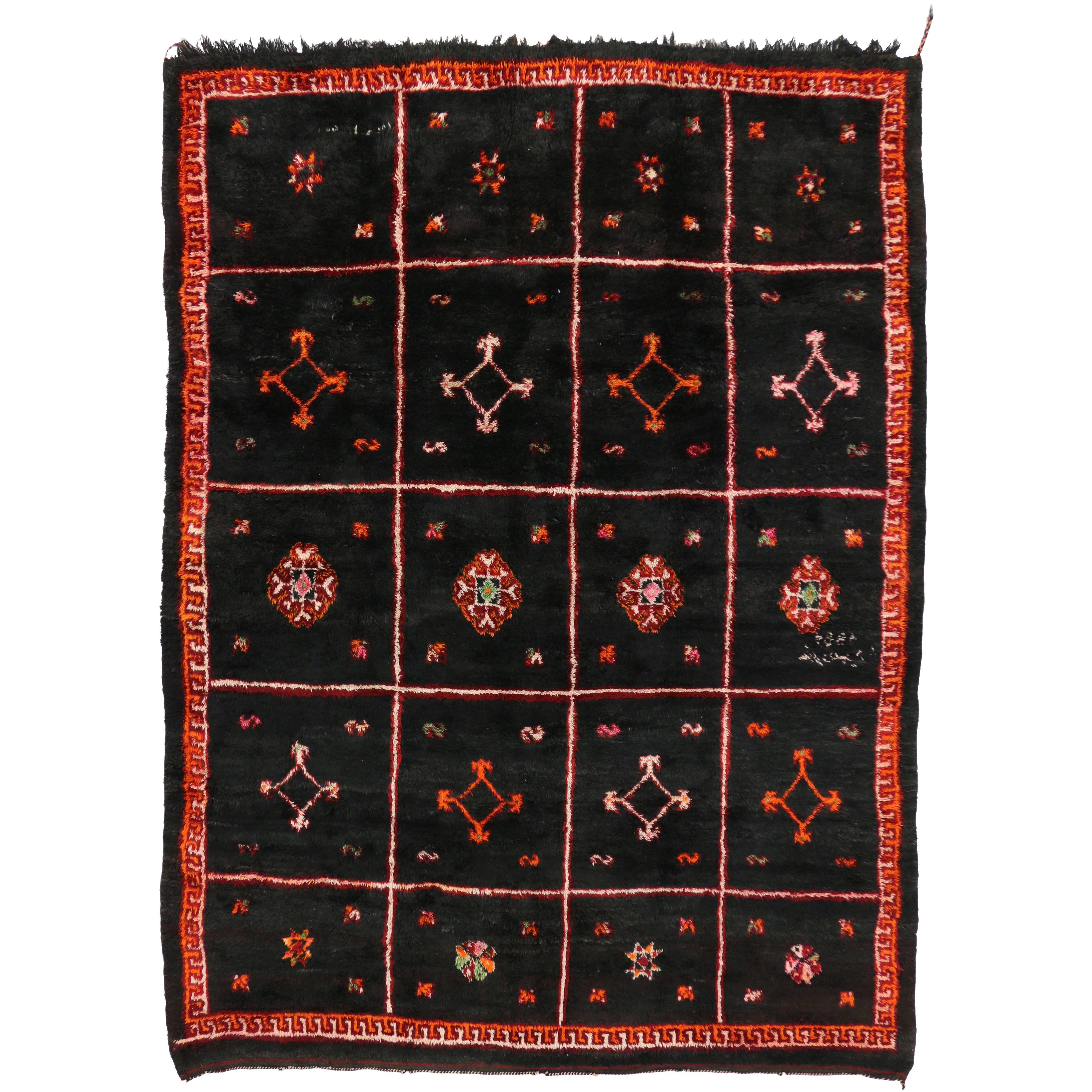 Vintage Moroccan Rug, Black Moroccan Area Rug with Tribal Style