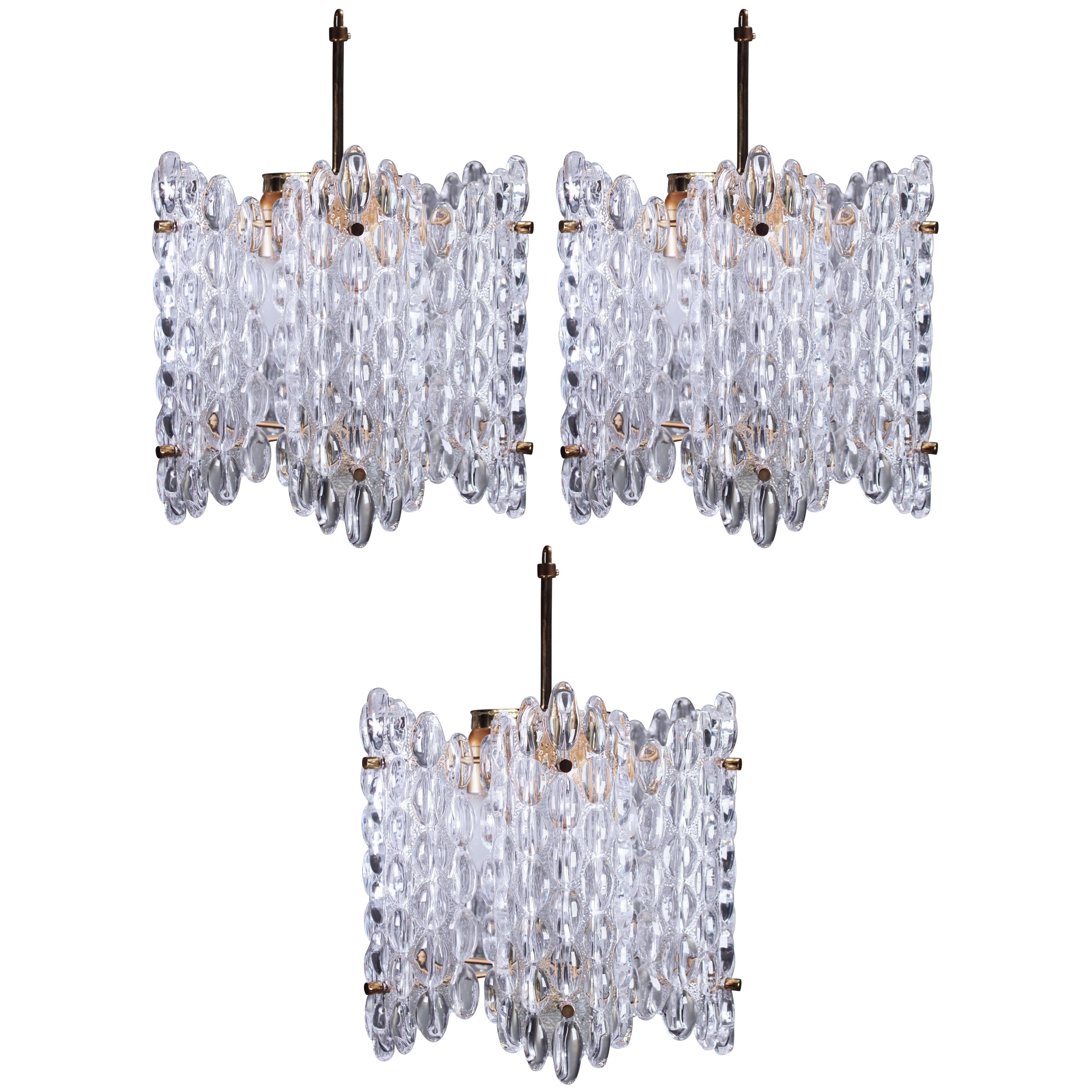 Large Orrefors Mid Century Crystal Chandeliers by Carl Fagerlund, 1950s