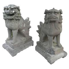 Antique Japan Important Early Temple Lions Hand-Carved Stone Pair of Old Kyoto 