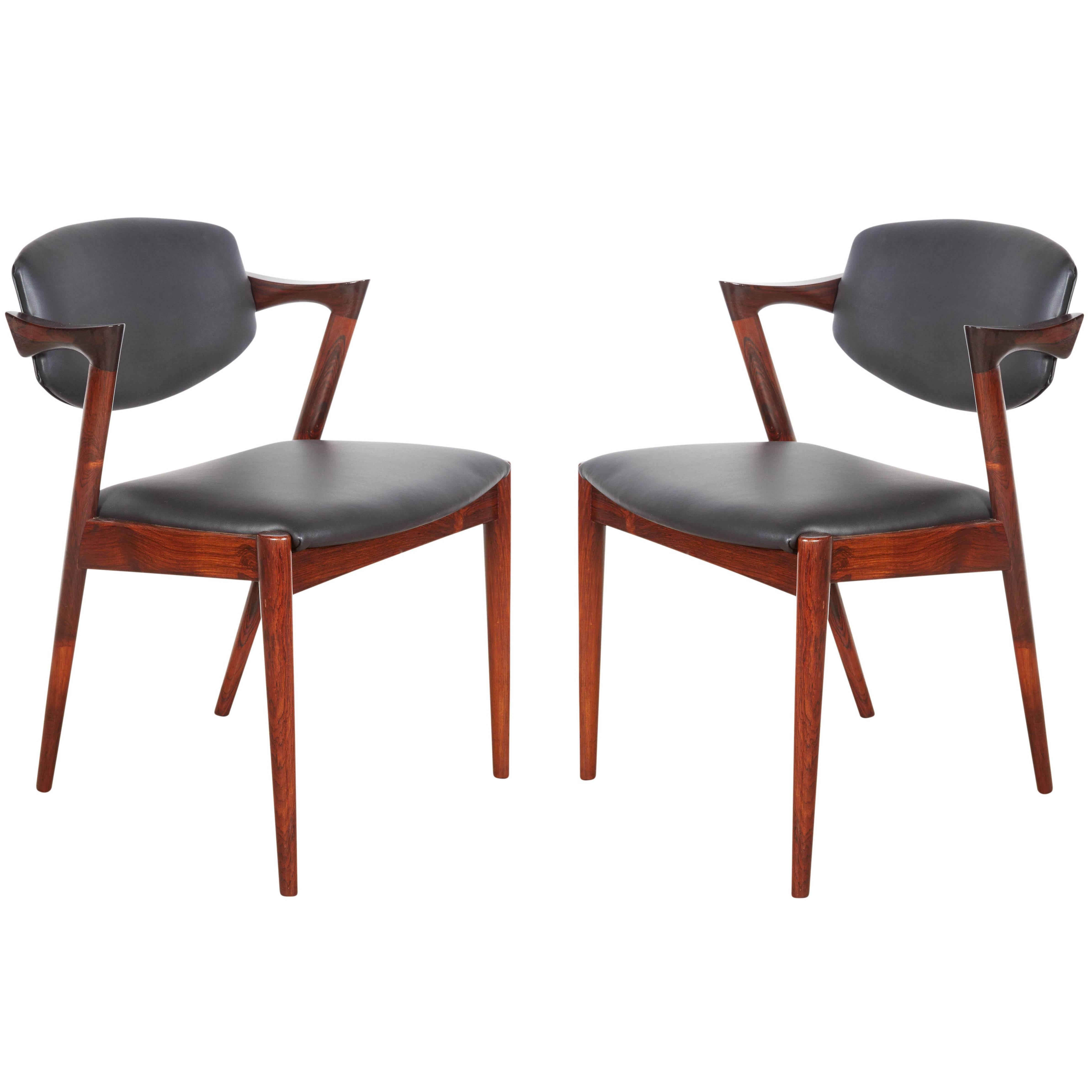 Kai Kristiansen Black Leather Dining Chairs - Pair