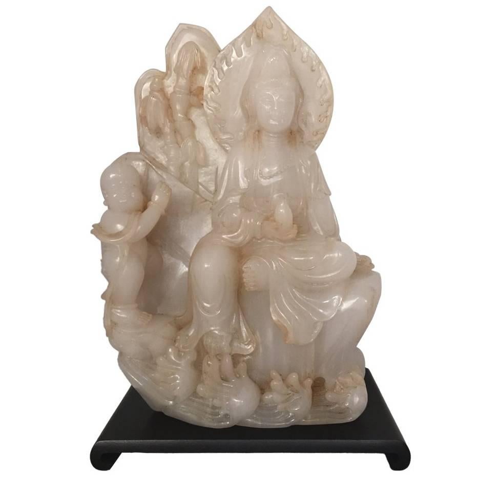 Chinese White Jade Quan Yin Figural Group For Sale