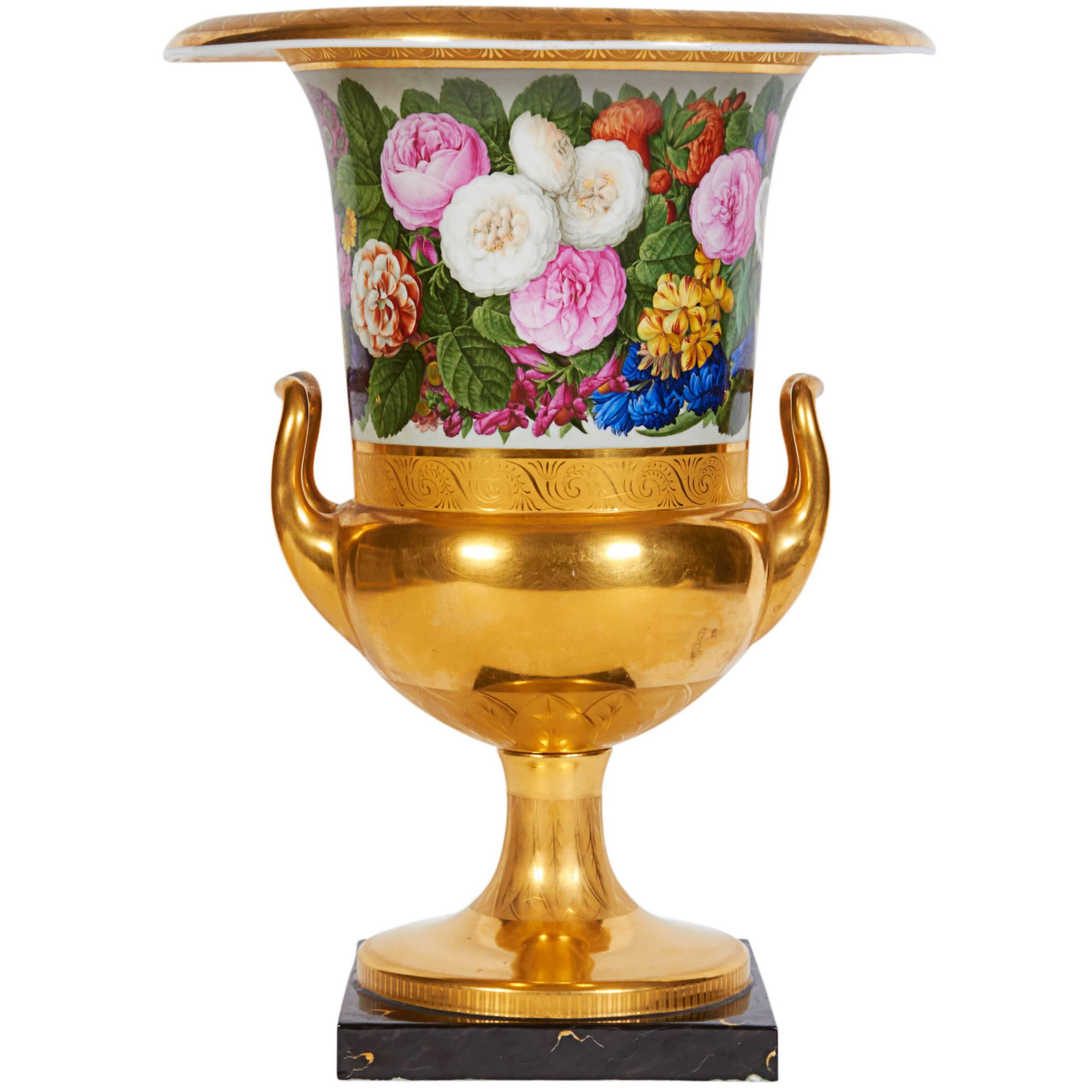 Antique Neoclassical, Empire Period, Berlin-KPM Gold Ground Campana Vase For Sale