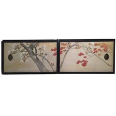 Japan Two Used Hand-Painted Gold Mist Birds, Maples Flowering Tree Paintings
