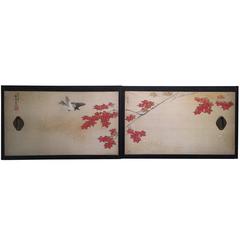 Japan Two Antique Hand-Painted Gold Mist "Birds and Maples"  Wall Paintings